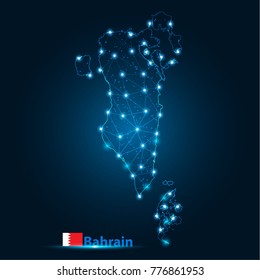 Abstract map of bahrain with nodes linked by lines arranged. 3d mesh .vector illustration.