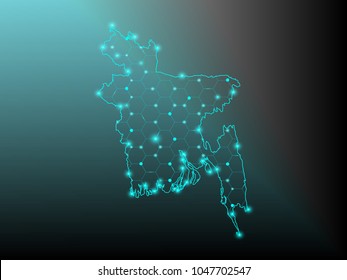 Abstract map of bangladesh with nodes linked by lines arranged. 3d mesh .vector illustration.