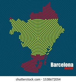 Abstract map Barcelona of radial dots with flag Spain inside