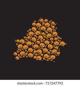 abstract map of belarus filled with orange halloween pumpkins heads on a black background