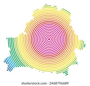 Abstract map of Belarus showing the area ot the country with concentric rings in rainbow colors like a shooting target.