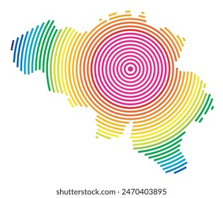 Abstrakte belgische Landkarte mit konzentrischen Regenbogenringen, die wie ein Schießziel aussehen.