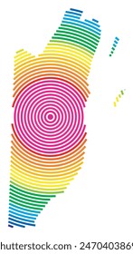 Abstract map of Belize showing the area ot the country with concentric rings in rainbow colors like a shooting target.