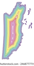 Abstract map of Belize showing the country with concentric rings in rainbow colors.