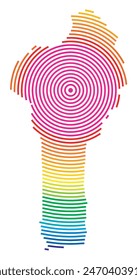 Abstract map of Benin showing the area ot the country with concentric rings in rainbow colors like a shooting target.