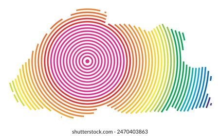 Abstrakte Landkarte von Bhutan, die die Gegend des Landes mit konzentrischen Regenbogenfarben wie ein Schießziel zeigt.