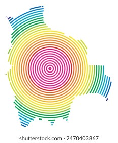 Abstrakte Karte von Bolivien, die das Gebiet des Landes mit konzentrischen Regenbogenringen zeigt, wie ein Schießziel.