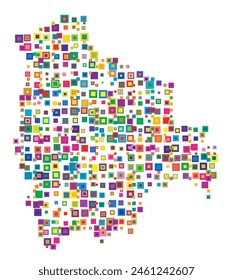 Abstract map of Bolivia. Abstract map showing the country with a pattern of overlapping colorful squares like candies