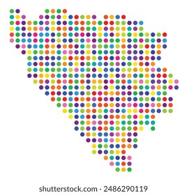 Abstract map of Bosnia and Herzegovina showing the area of the country with a pattern of colorful circles