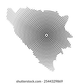 Abstract map of Bosnia and Herzegovina showing the country with concentric black tapering lines