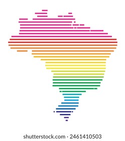 Abstract map of Brazil showing the area of the country with horizontal parallel lines in rainbow colors