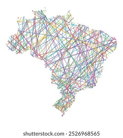 Abstract map of Brazil showing the country with random crossing colored lines like a spider web