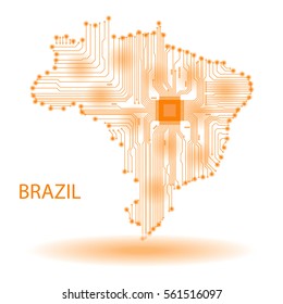 Abstract map of Brazil. Vector illustration. Brazil map drawn in the form of an electronic circuit.