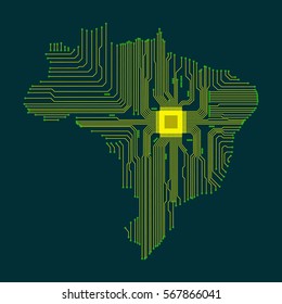 Abstract map of Brazil. Vector illustration. Brazil map drawn in the form of an electronic circuit.