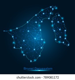 Abstract map of Brunei Darussalam with nodes linked by lines arranged. 3d mesh .vector illustration.