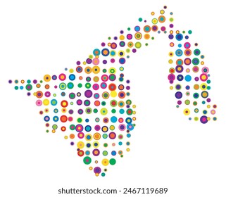 Abstract map of Brunei drawn with overlapping colored circles like sweets or candies