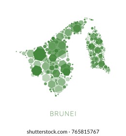 abstract map of brunei filled with mosaic of hexagons of different sizes and degrees of transparency