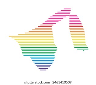 Abstract map of Brunei showing the area of the country with horizontal parallel lines in rainbow colors