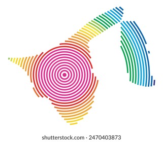 Abstract map of Brunei showing the area ot the country with concentric rings in rainbow colors like a shooting target.