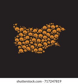 abstract map of bulgaria filled with orange halloween pumpkins heads on a black background