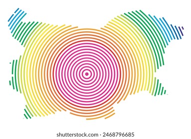 Abstract map of Bulgaria showing the area ot the country with concentric rings in rainbow colors like a shooting target.
