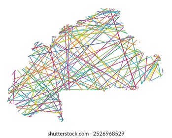 Abstract map of Burkina Faso showing the country with random crossing colored lines like a spider web