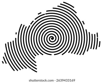 Abstract map of Burkina Faso showing the country with a black spiral line