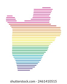 Abstract map of Burundi showing the area of the country with horizontal parallel lines in rainbow colors