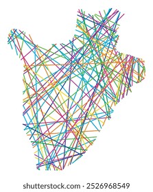 Abstract map of Burundi showing the country with random crossing colored lines like a spider web