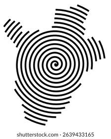 Abstract map of Burundi showing the country with a black spiral line