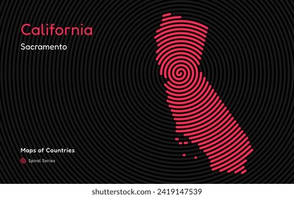 Abstract Map of California in Spiral Pattern with Capital of Sacramento. American States map Set.	