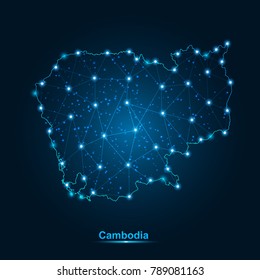 Abstract map of Cambodia with nodes linked by lines arranged. 3d mesh .vector illustration.