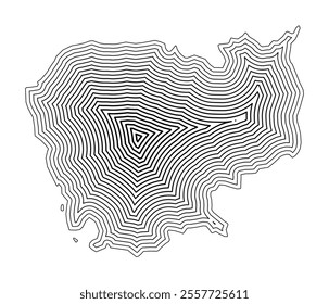 Abstract map of Cambodia showing the country border buffered inside with black tapering lines