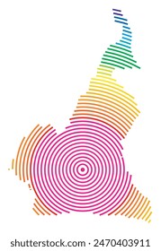 Abstract map of Cameroon showing the area ot the country with concentric rings in rainbow colors like a shooting target.
