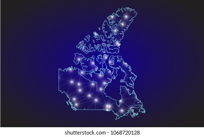 Abstract map of canada with nodes linked by lines arranged. 3d mesh .vector illustration.