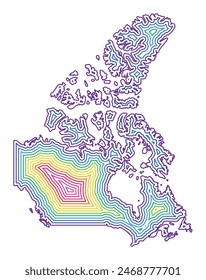 Abstract map of Canada showing the country with concentric rings in rainbow colors.