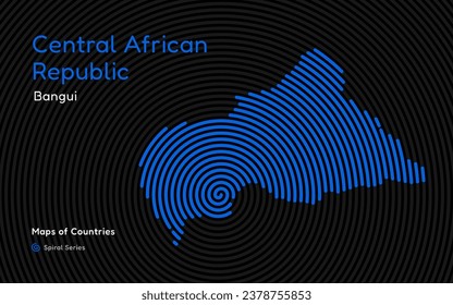 Mapa abstracto de la República Centroafricana en un patrón de espiral circular con la capital de Bangui. Conjunto Africano.