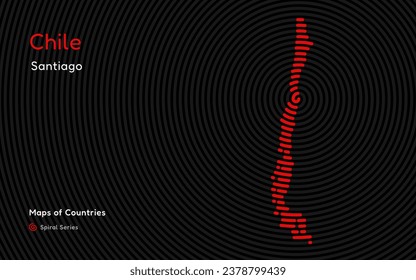 Mapa abstracto de Chile en patrón de espiral circular con capital de Santiago. Conjunto Americano.