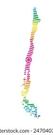 Abstract map of Chile showing the area ot the country with concentric rings in rainbow colors like a shooting target.