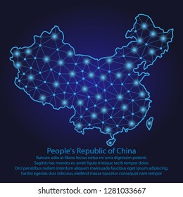 Abstract map of the China created from lines, bright points and polygons in the form of starry sky. Picture of People's Republic of China from polygonal wire frame low poly mash, contours network line