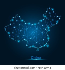 Abstract map of China with nodes linked by lines arranged. 3d mesh .vector illustration.