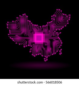 Abstract map of China. Vector illustration. Map of China as an electronic circuit.