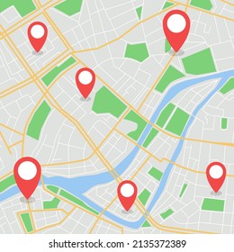 Mapa abstracto de la ciudad con punto de destino. Concepto del navegador de mapas GPS. Ilustración vectorial.