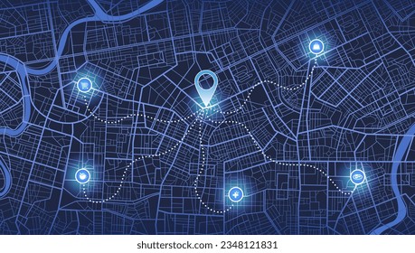 Abstract Map city with gps pins. Direction markers for navigation. Street, road, park, river on plan town. Background with location system. Urban map with pointers, signs, arrows for travel. Vector