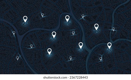 Abstract Map city with gps pins. Direction markers for navigation to shop, home, work or job on plan town. Background with location system. Urban map with pointers, signs, arrows for travel. Vector
