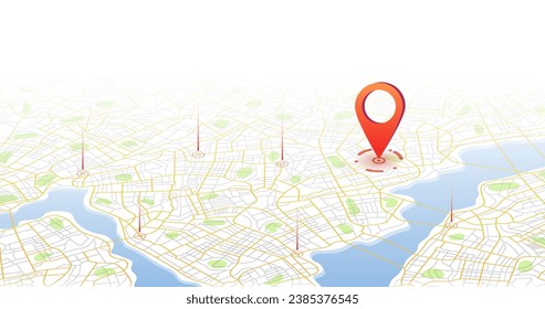 Abstract Map city with gps pins. Direction markers for navigation to shop, home, work or job on plan town. Background with location system. Urban map with pointers, signs, arrows for travel. Vector