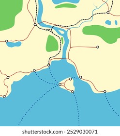 Mapa Abstractas de la zona costera con carreteras, ferrocarriles y vías de ferry