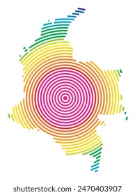 Abstract map of Colombia showing the area ot the country with concentric rings in rainbow colors like a shooting target.
