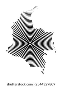 Abstract map of Colombia showing the country with concentric black tapering lines