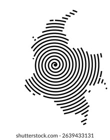 Abstract map of Colombia showing the country with a black spiral line